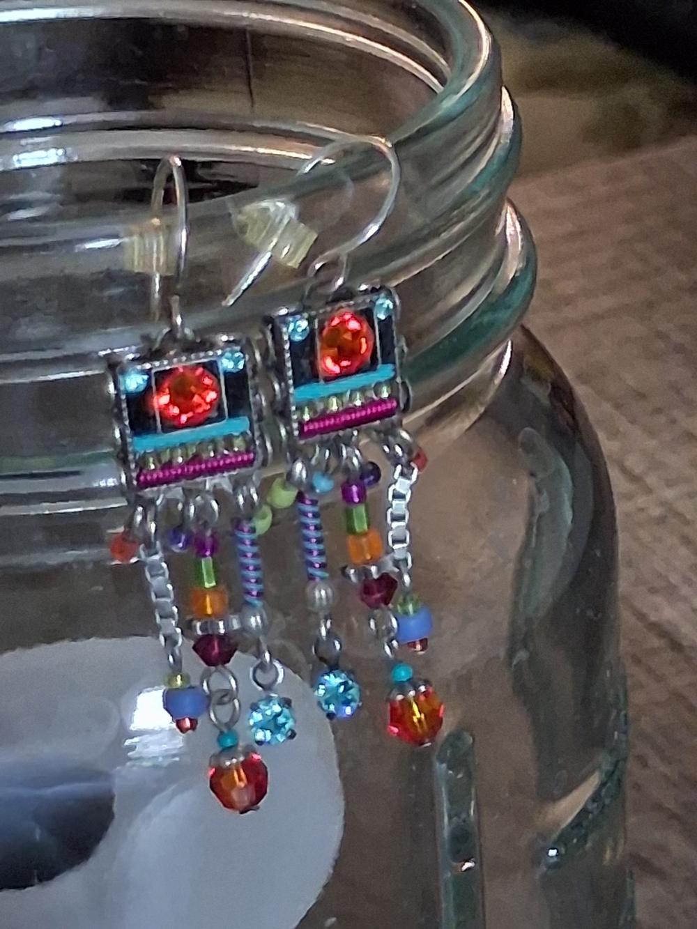 Vintage Sante Fe NM CrystalColorful Beaded Dangle Southwest Earrings -Multicolor - Picture 4 of 8
